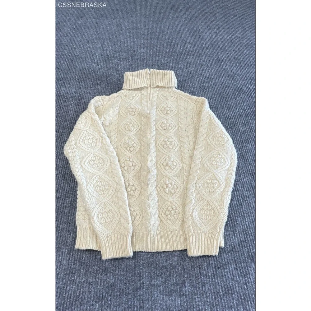 Vintage 80s Hand Loomed Women's Cream 100% Virgin Wool Zip Turtleneck Sweater L